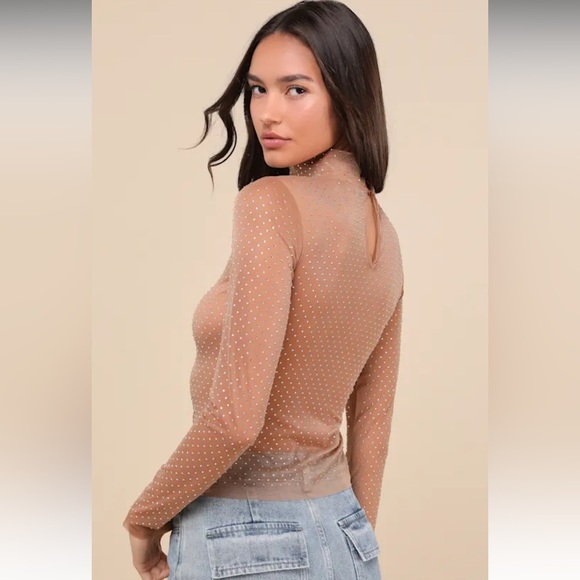 Lulus Glitter Sheer Mesh Rhinestone Long Sleeve Top Beige Womens Size Large - Picture 3 of 14